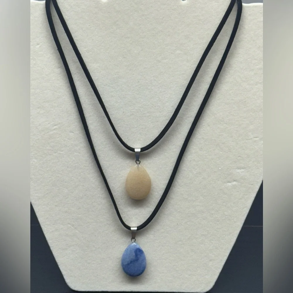 Set of 2 Natural Stone Drop Pendant Suede & Faux
Leather String Cord Necklaces - Picture 2 of 9